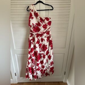 Abercrombie & Fitch White One-Shoulder Midi Dress with Red Floral Print
